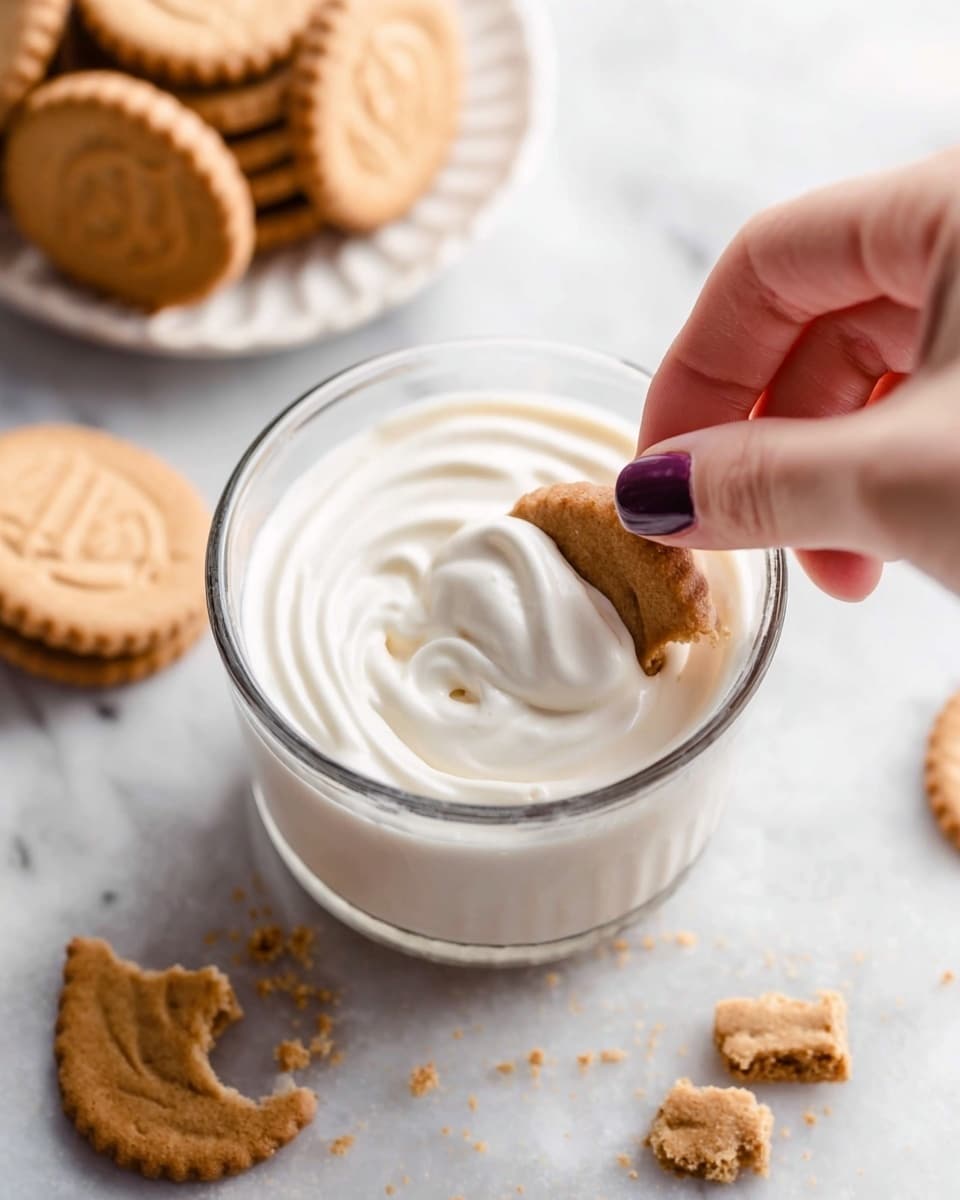 A clear glass cup filled with a thick, creamy white liquid with soft swirls visible on the top layer. A woman's hand with dark purple nail polish is gently dipping a small light brown cookie halfway into the creamy liquid. Around the cup on a white marbled surface, there are more small light brown cookies, some whole and some broken. To the top left, additional cookies are stacked on a white plate. photo taken with an iphone --ar 4:5 --v 7