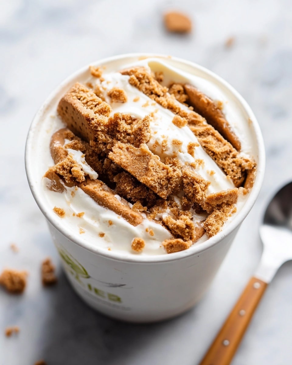 The image shows a white cup filled with a creamy white yogurt base layered with broken pieces of light brown cookies spread unevenly through the top and inside. The cookies have a crumbly texture, creating rough, uneven layers with small chunks and crumbs mixed into the smooth yogurt. The cup sits on a white marbled surface, and a spoon with a wooden handle is placed to the right side, slightly out of focus. The light in the image is soft, highlighting the creamy texture of the yogurt and the golden-brown color of the cookies photo taken with an iphone --ar 4:5 --v 7