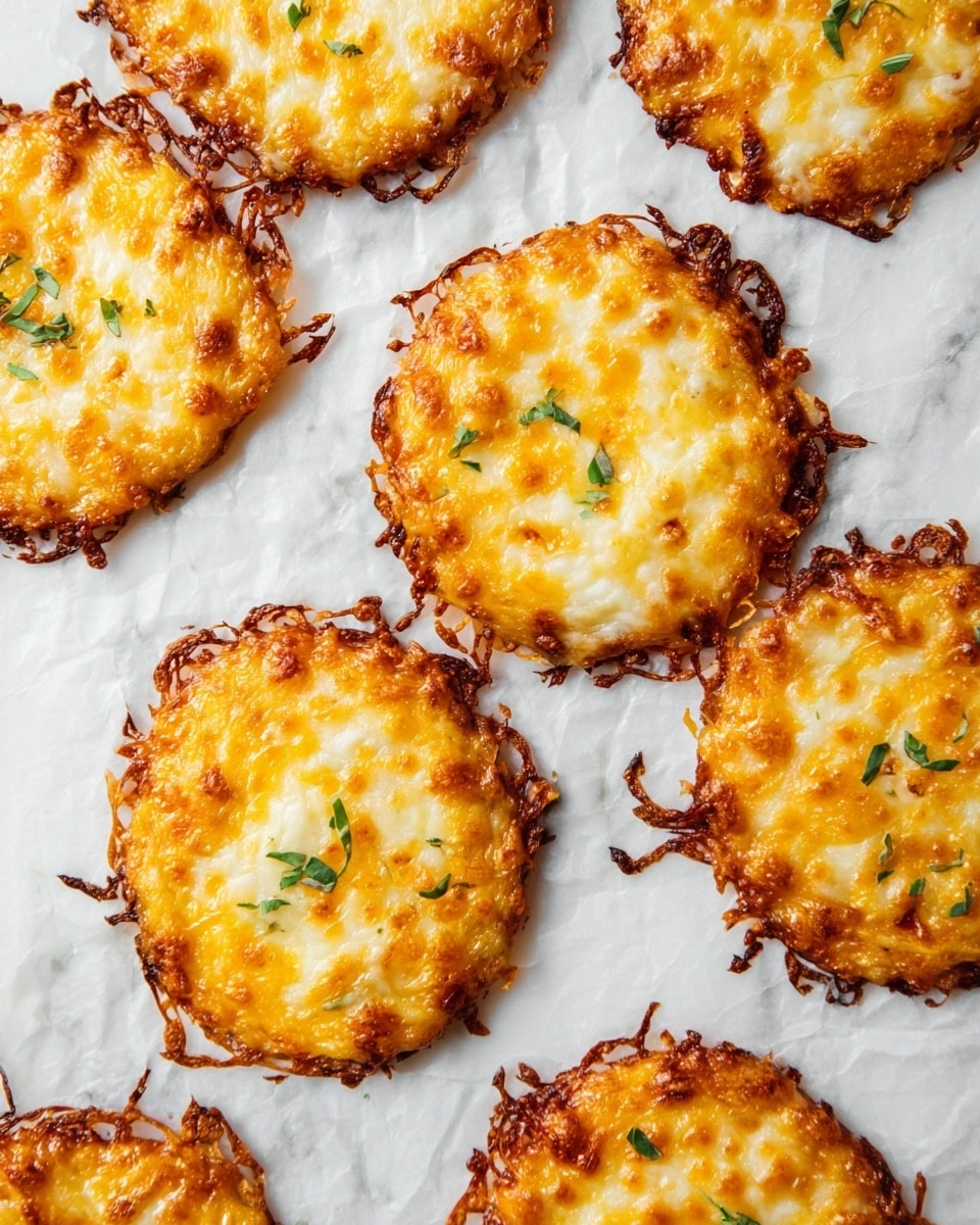 The image shows several round cheese crisps on white parchment paper placed on a white marbled surface. Each crisp has one smooth, thick round layer in the center that is light golden yellow, topped by a bubbly, melted cheese layer that is golden brown with darker spots and slightly crispy edges spreading outward unevenly. Small green herb leaves are scattered on top, adding a fresh touch of color. The crisps are placed randomly and appear crispy with a rich texture. Photo taken with an iphone --ar 4:5 --v 7