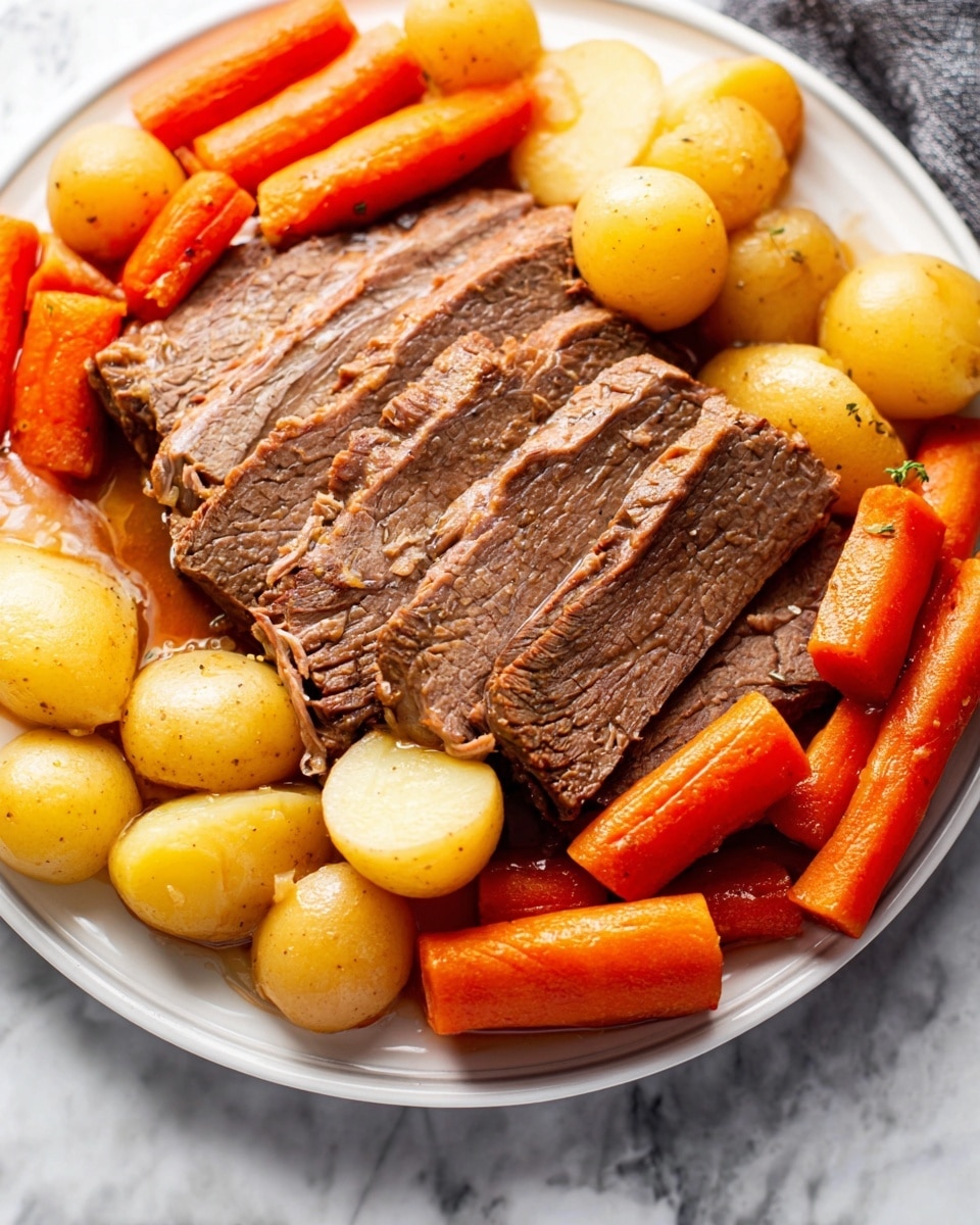 The image shows a white plate filled with thick slices of cooked beef pot roast layered in the center, with soft textured, brown juicy meat visible. Surrounding the beef are chunky, wrapped carrots in bright orange, and whole boiled small potatoes in light yellow, all placed around the edges of the plate. The plate rests on a white marbled surface. photo taken with an iphone --ar 4:5 --v 7