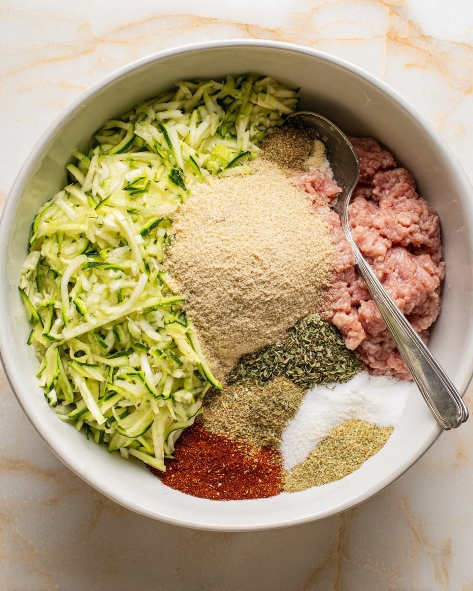 A white bowl holds several ingredients arranged neatly in sections before mixing. On the left side, there is a large pile of bright green shredded zucchini with dark green skin bits. Next to it, a light tan mound of dry breadcrumbs sits on top of the meat. The bottom right half shows raw ground meat in a soft pink color. Overlapping parts of the meat and zucchini are small piles of various spices including rusty red paprika, black pepper, pale yellow garlic powder, white salt, light brown herbs, and faint beige flour. A silver spoon rests inside the bowl on the right side. The bowl sits on a white marbled surface. photo taken with an iphone --ar 4:5 --v 7
