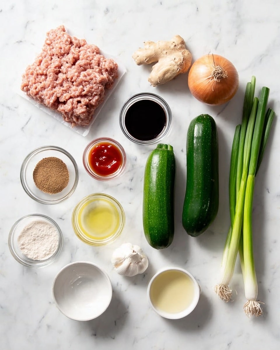 The image shows a white marbled surface with various cooking ingredients neatly arranged. There are two fresh green zucchinis and three long bright green spring onions on the right. Next to them is a light brown onion and a small piece of fresh ginger with a garlic clove nearby. On the left side, there is a flat piece of raw ground meat with a pale pink color. Scattered around are small clear glass bowls holding different ingredients: a brown powder, a white powder, a red sauce, a dark soy-like liquid, a light yellow oil, and a light tan liquid. A small empty white bowl is also present. Everything is spaced evenly and well lit. photo taken with an iphone --ar 4:5 --v 7