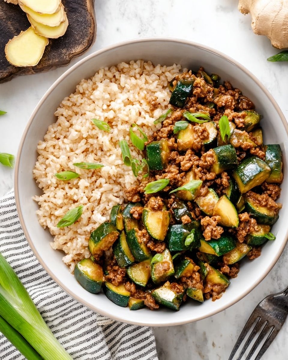 A round white bowl sits on a white marbled surface, filled with two main layers: on the left, light brown cooked rice with a slightly fluffy texture, and on the right, a mix of browned minced meat and green zucchini chunks that have been cooked until soft with some glossy sauce coating them. There are small pieces of green onion scattered on top and mixed in, adding a fresh green color. The bowl is shown from above with a striped white and gray napkin and a fork to the right side. In the background, there are green onions and a piece of fresh ginger visible. Photo taken with an iphone --ar 4:5 --v 7