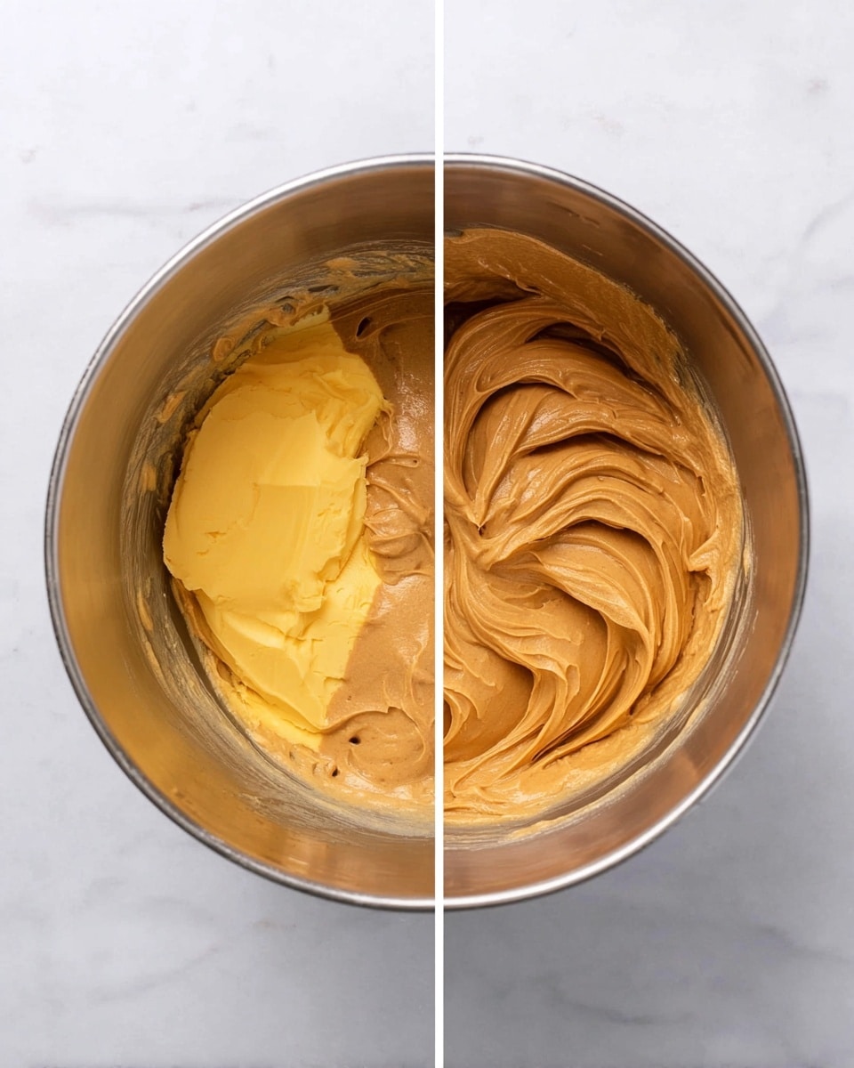 A metal mixing bowl sits on a white marbled surface, shown in two side-by-side views. On the left, inside the bowl, there are two distinct layers: one is a smooth yellow butter-like layer on the left half and the other is a thick, creamy brown peanut butter layer on the right half. On the right side of the image, the same bowl shows the two layers fully mixed into a smooth, uniform peanut butter-colored creamy paste with swirled texture on top. Photo taken with an iphone --ar 4:5 --v 7