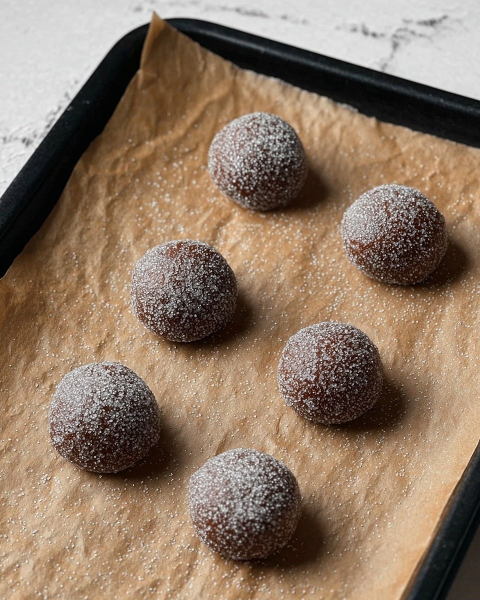 Five round dough balls are evenly placed on brown crinkled baking paper over a black baking tray. Each dough ball is coated well in a sparkling layer of granulated sugar, giving a rough texture and a slightly shiny look. The dough itself is dark brown, and the baking paper adds a rustic feel with its wrinkles and light folds. The background shows a soft white marbled surface that contrasts with the dark tray. photo taken with an iphone --ar 4:5 --v 7