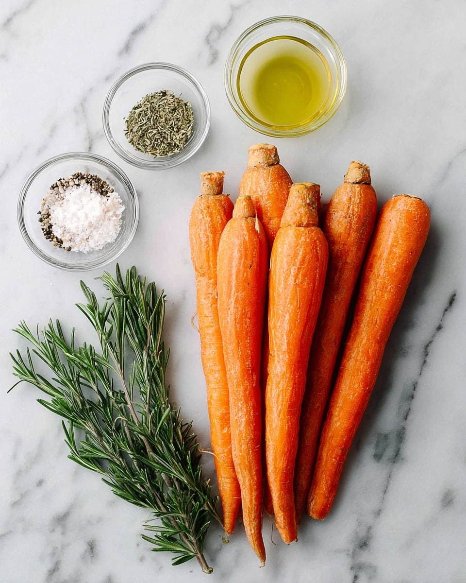 A group of seven raw bright orange carrots with rough skin and brown tops lie together in the middle right of a white marbled surface. To the bottom left of the carrots, there are two sprigs of fresh green rosemary. Below the carrots, three small clear glass bowls contain seasoning: one bowl has white and black pepper, another has mixed dried green herbs, and the last has a light yellow liquid, likely oil. The image is clean, bright, and well-lit, showing a fresh and natural cooking setup. photo taken with an iphone --ar 4:5 --v 7