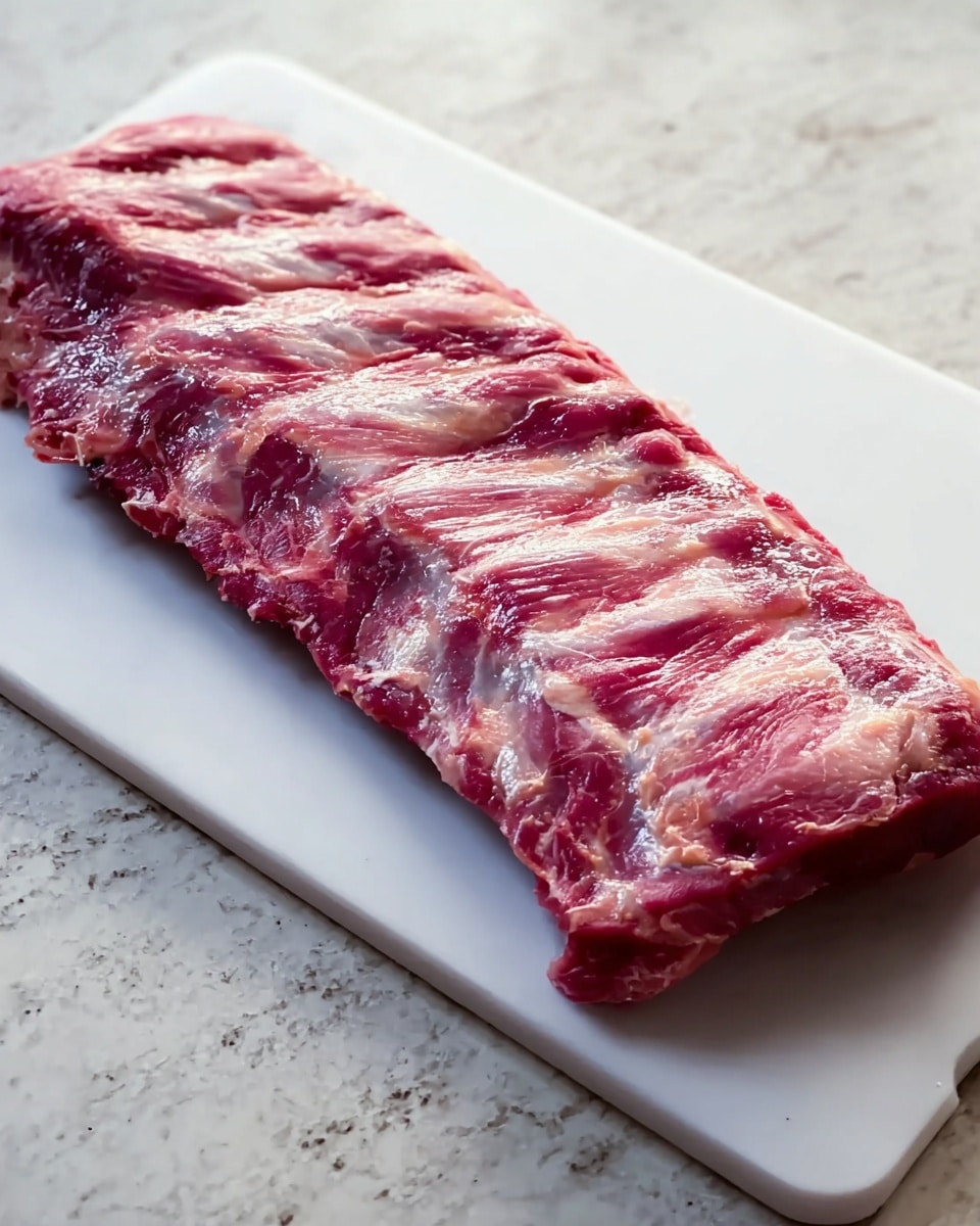 A raw rack of ribs lies flat on a white cutting board placed on a white marbled surface. The ribs show a deep pinkish-red color with streaks of white fat and a slightly glossy texture. The ribs' bones are faintly visible under the meat, creating a natural lined pattern along the length of the rack. The surface of the meat appears moist and fresh, with uneven edges highlighting the natural shape of the ribs. There are no additional items or garnishes around the meat. Photo taken with an iphone --ar 4:5 --v 7