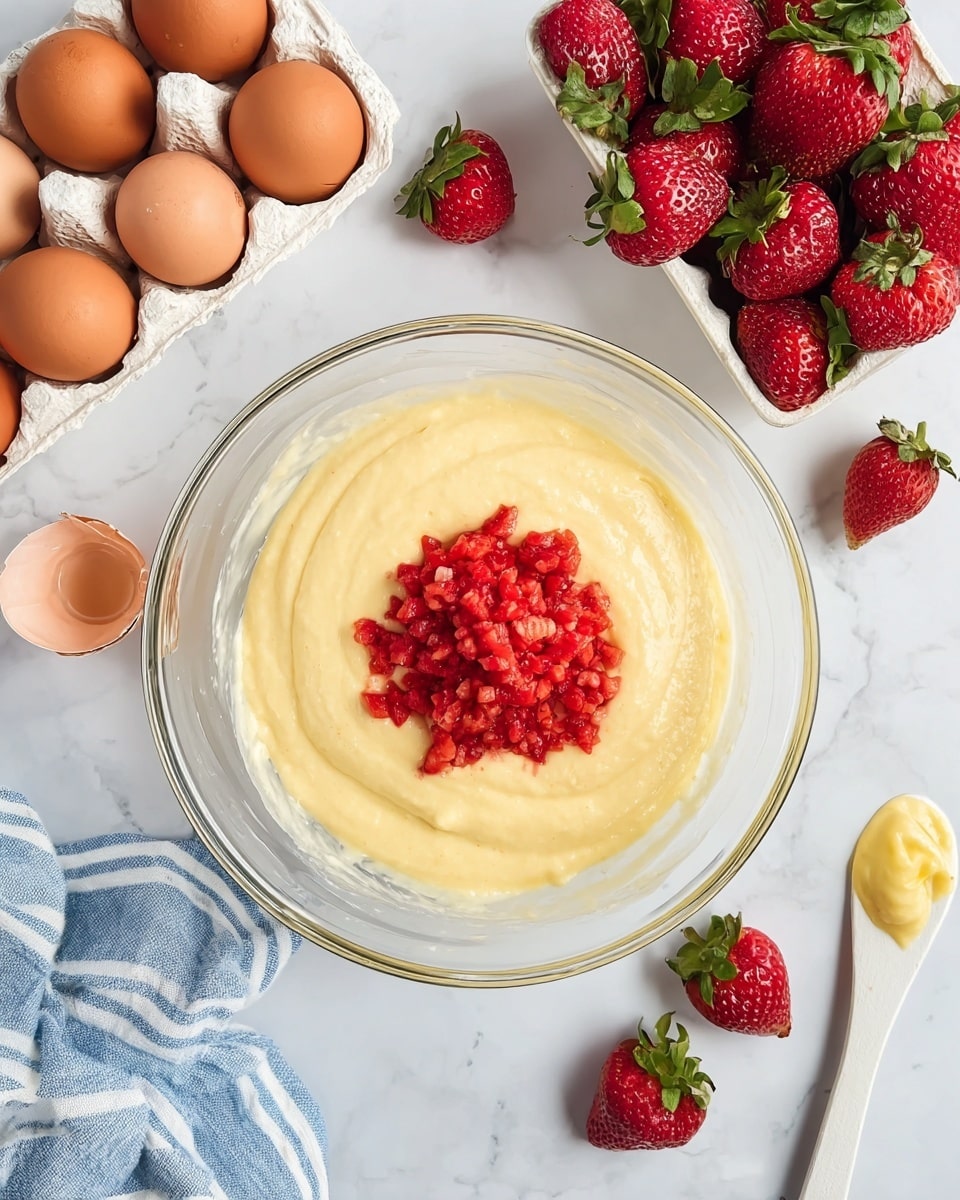 A clear glass bowl sits in the center on a white marbled surface, filled with two layers: the bottom layer is smooth, creamy, pale yellow batter, and the top layer is a small pile of finely chopped red strawberries placed in the middle. Surrounding the bowl are fresh whole strawberries with green leaves adding bright red and green colors, a white egg carton holding brown eggs and an empty eggshell, and a white wooden spoon resting nearby with a small dollop of the yellow batter on it. A blue and white striped cloth is partially visible at the bottom left corner. photo taken with an iphone --ar 4:5 --v 7