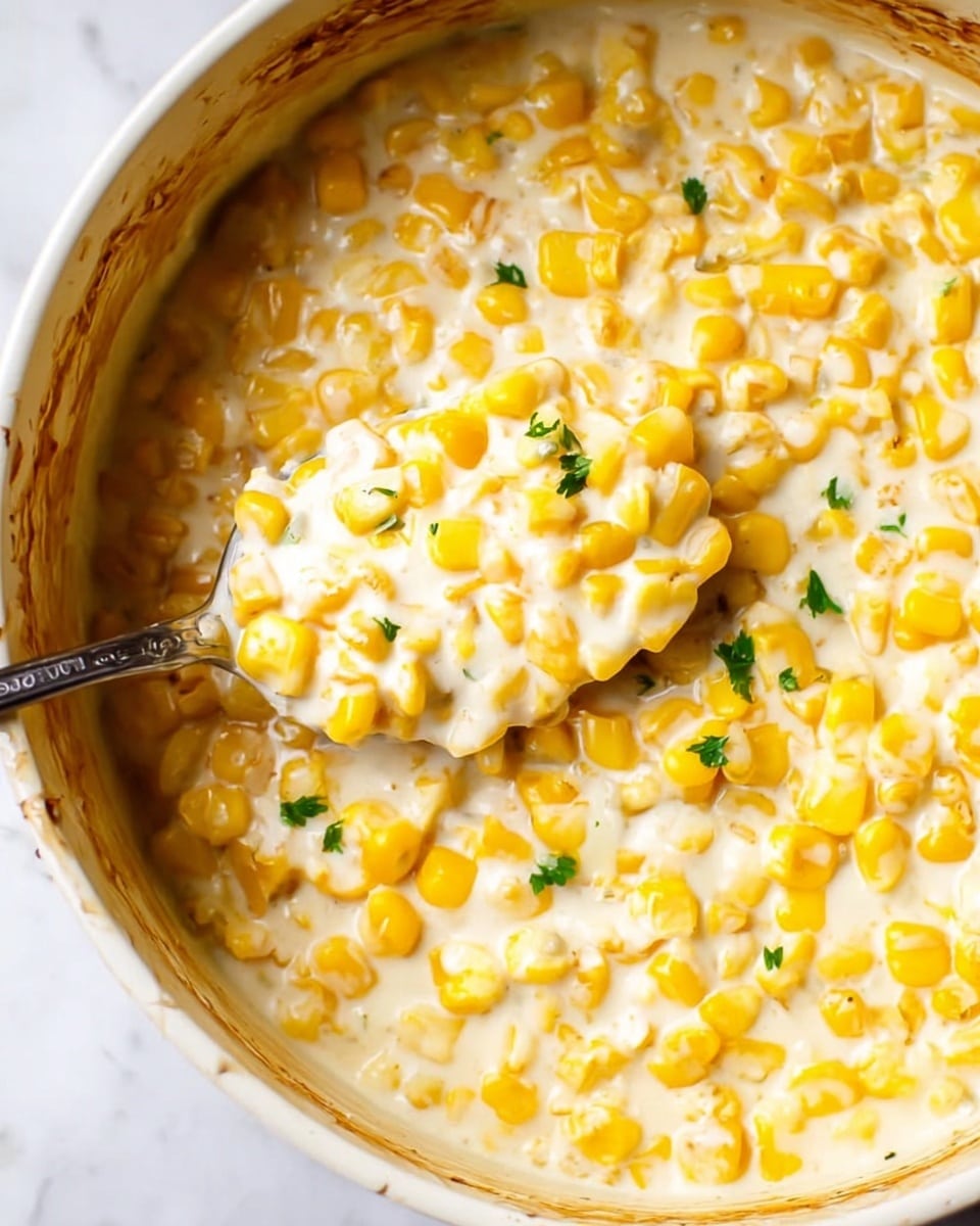 The image shows a close-up of creamy corn in a white pot with slightly stained sides. The dish has one main layer: bright yellow corn kernels mixed in thick, smooth white cream. Small green parsley leaves are scattered over the top, adding a touch of color contrast. A silver spoon is scooping a portion from the pot, showing the soft texture of the creamy corn mixture. The background is a white marbled texture. photo taken with an iphone --ar 4:5 --v 7