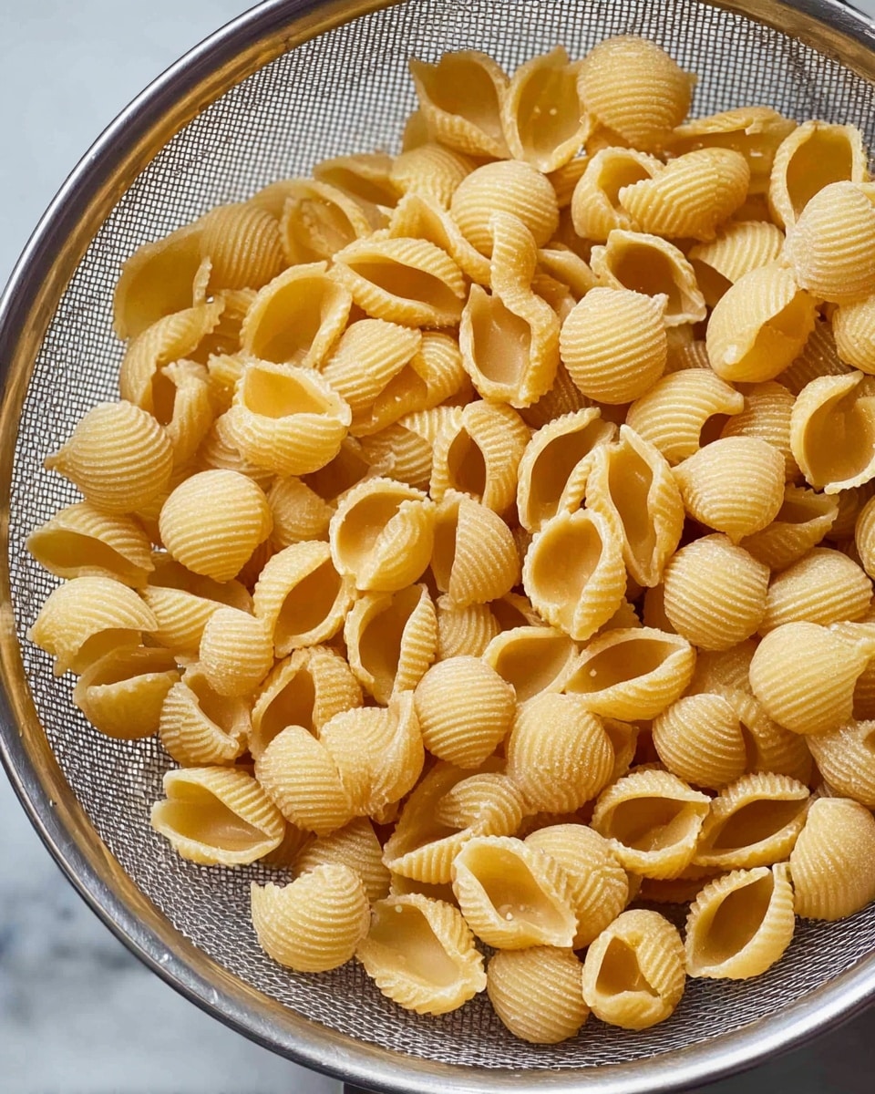The image shows a close-up of one layer of cooked shell-shaped pasta in a metal strainer. The pasta is light golden yellow with a slightly shiny and smooth texture, filling the strainer completely. Each shell is ridged, with some shells showing the hollow center, creating depth and detail throughout the image. The metal strainer has fine mesh and a silver rim, visible around the pasta edges, set on a white marbled surface. photo taken with an iphone --ar 4:5 --v 7