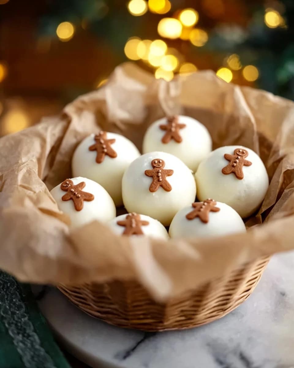The image shows a basket lined with crumpled brown parchment paper holding eight small white round cake balls. Each cake ball is smooth and topped with a tiny gingerbread man decoration made from brown icing or fondant. The basket is placed on a white marbled surface, and in the blurred background, warm yellow lights are visible, adding a cozy feel to the scene. Photo taken with an iphone --ar 4:5 --v 7