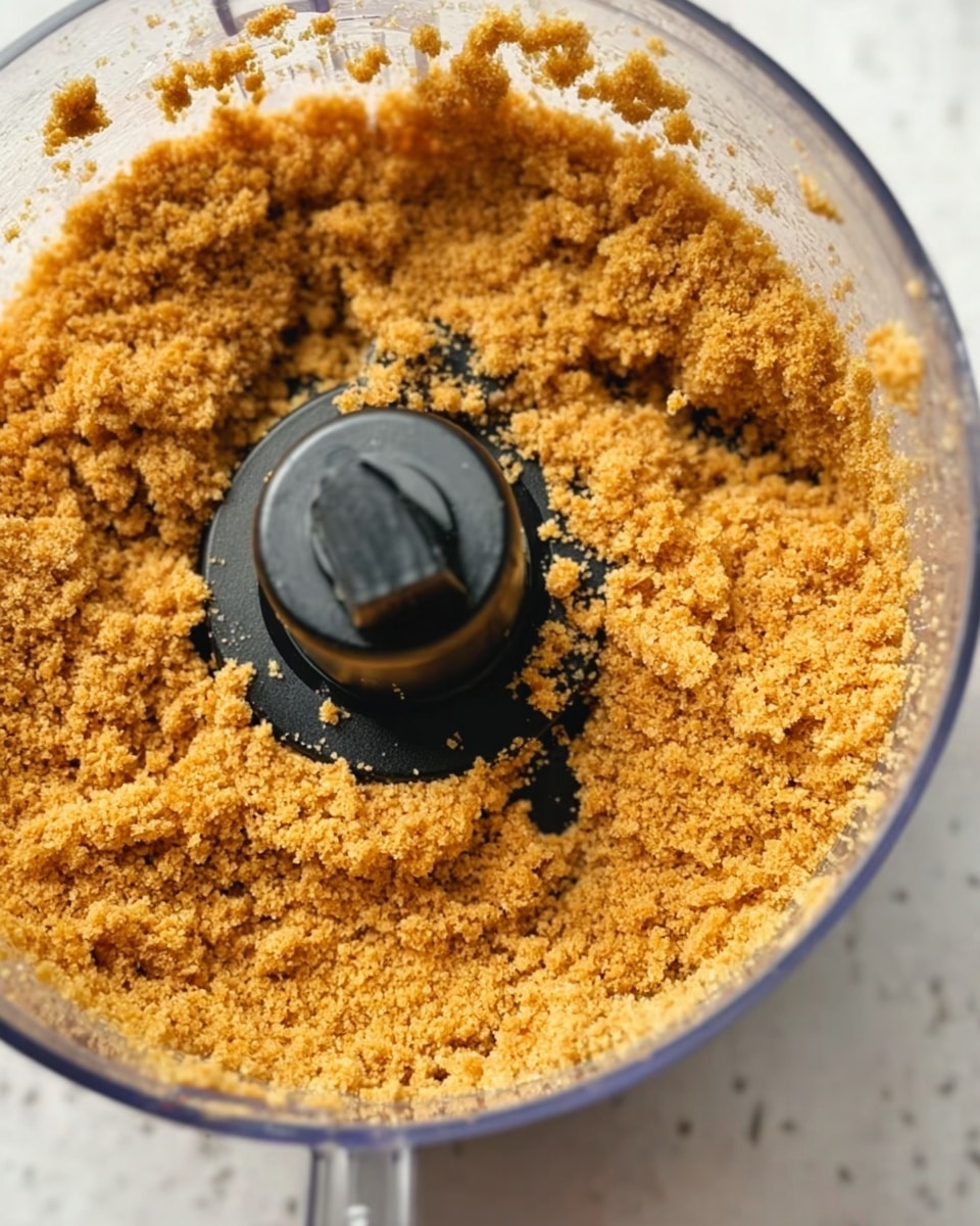 The image shows a close-up of a clear food processor bowl filled with crumbly golden brown mixture, evenly spread around the center black axis piece with some crumbs stuck on the sides. The texture looks coarse and grainy like biscuit or cookie crumbs. The background is a white marbled texture. photo taken with an iphone --ar 4:5 --v 7