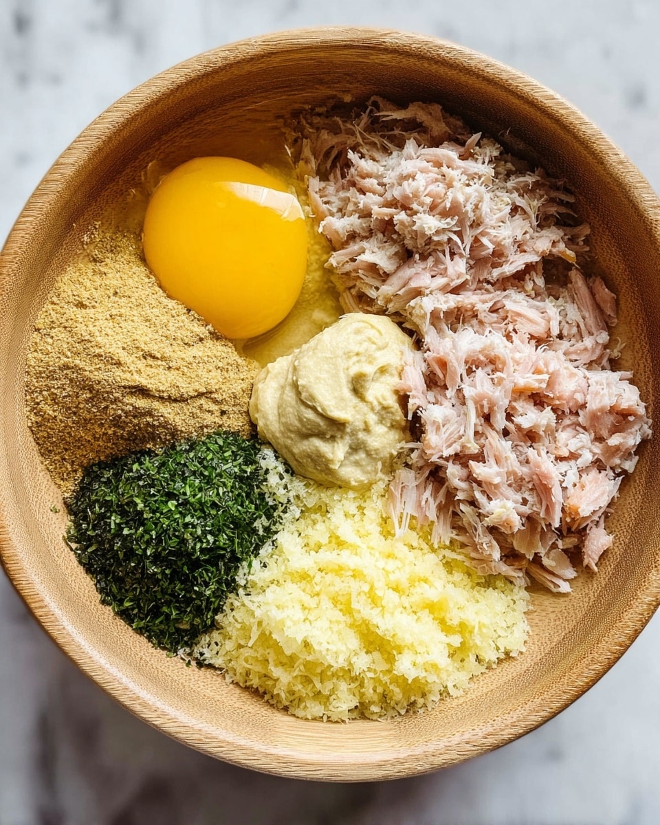 A clear glass bowl sits on a white marbled surface with several ingredients arranged in sections inside. One section has light beige cooked shredded chicken, next to it a cluster of light tan and darker brown spices. Two raw eggs with bright yellow yolks and clear whites are placed near the center. Near the eggs is a swirl of creamy off-white mayonnaise. To the right of the mayonnaise, there is a bunch of finely chopped bright green parsley. Above the parsley are golden brown cooked onions with some translucent parts. Finally, to the top left of the onions, there is vibrant chopped green pepper with small white seeds. photo taken with an iphone --ar 4:5 --v 7