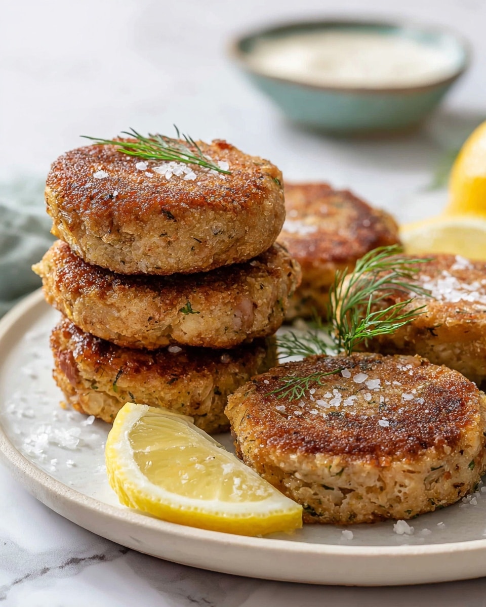 A white plate holds ten golden-brown patties arranged in a circular pattern with a slight overlap, each patty showing a crispy, uneven texture with small green bits of herbs. To the left edge of the plate is a small round white bowl filled with creamy light pink sauce, garnished with small green herb pieces. Lemon wedges with bright yellow flesh are placed between the patties and sauce. Sliced green jalapeños are spread around the plate, adding a fresh green touch. The plate sits on a white marbled textured surface. Photo taken with an iphone --ar 4:5 --v 7