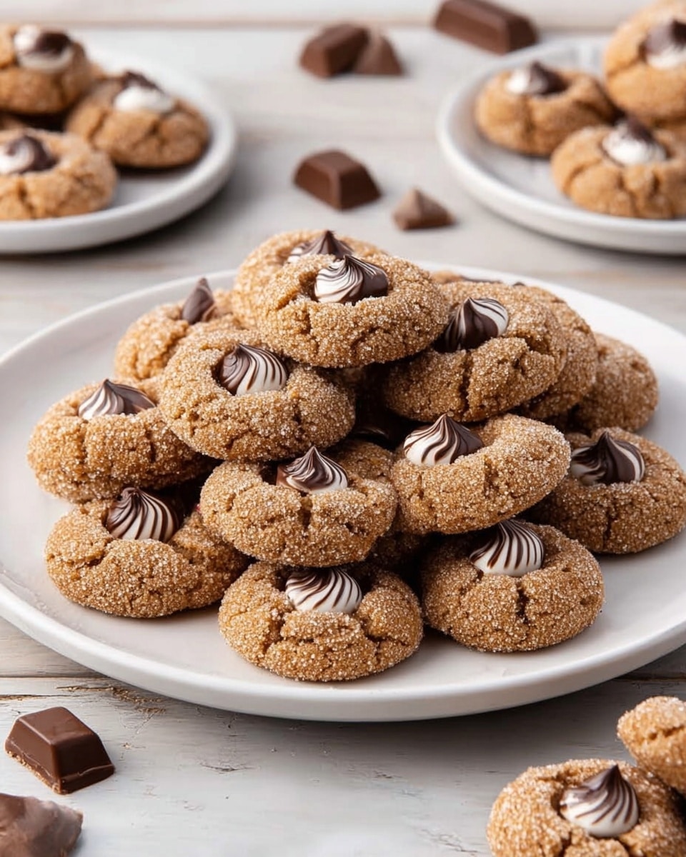 A white plate holds a stack of round cookies with a grainy, sugar-coated texture and a golden brown color. Each cookie has a swirl of white and dark chocolate placed in the center, which stands out against the rough cookie surface. The plate is set on a white marbled surface, surrounded by scattered chocolate wrappers and additional cookies on smaller white plates nearby. The cookies are layered casually in a small pile, showing their soft texture and detailed sugar coating. photo taken with an iphone --ar 4:5 --v 7