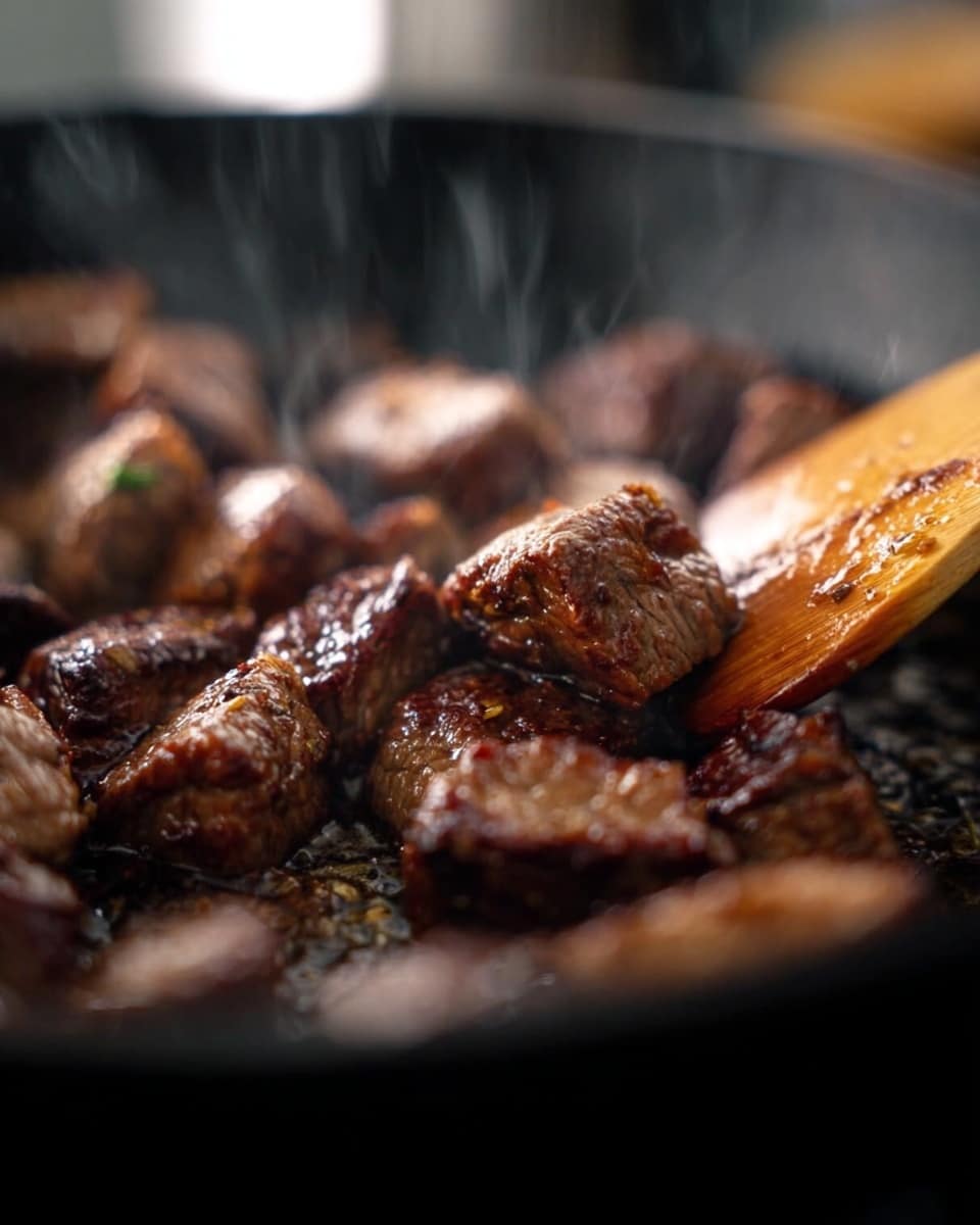 The image shows pieces of browned meat being cooked in a black cast iron pan. The meat is dark brown with a shiny, cooked surface and looks tender. A wooden spatula is moving some meat pieces, showing the texture and slight charring. The background is blurred, focusing on the glossy meat inside the pan. photo taken with an iphone --ar 4:5 --v 7