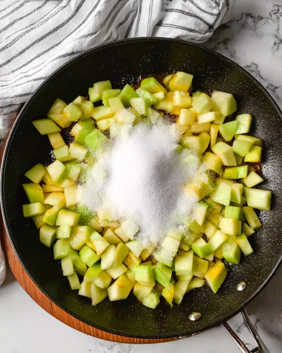 The image shows a black frying pan filled with chopped green and yellow apples in small, uneven pieces covering the bottom. A pile of white sugar is placed roughly in the center atop the apples. The background is a white marbled surface with a white and gray striped cloth partially visible at the top. The pan handle extends out of the frame. Photo taken with an iphone --ar 4:5 --v 7