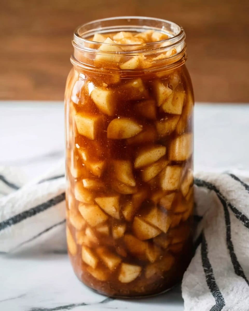 A tall clear glass jar filled with multiple layers of small, light yellow apple pieces soaked in a thick, shiny brown cinnamon sauce. The apple pieces are evenly cut and fully covered by the sauce, which has a smooth, slightly glossy texture. The jar sits on a white marbled surface with a soft white cloth with thin black stripes draped beside it. The background is blurred light brown wood. Photo taken with an iphone --ar 4:5 --v 7
