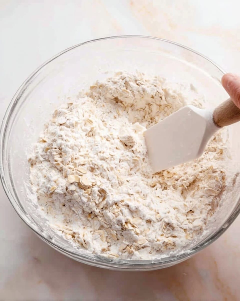 A clear glass bowl sits on a white marbled surface, filled with a mixture that has soft white and off-white layers of oats and a creamy ingredient, showing a slightly rough texture. A white spatula is inserted in the bowl, partially covered with the mix. The woman's hand holds the bowl gently from the side, slightly visible at the edge of the frame. The lighting is bright, highlighting the different textures in the mixture. photo taken with an iphone --ar 4:5 --v 7