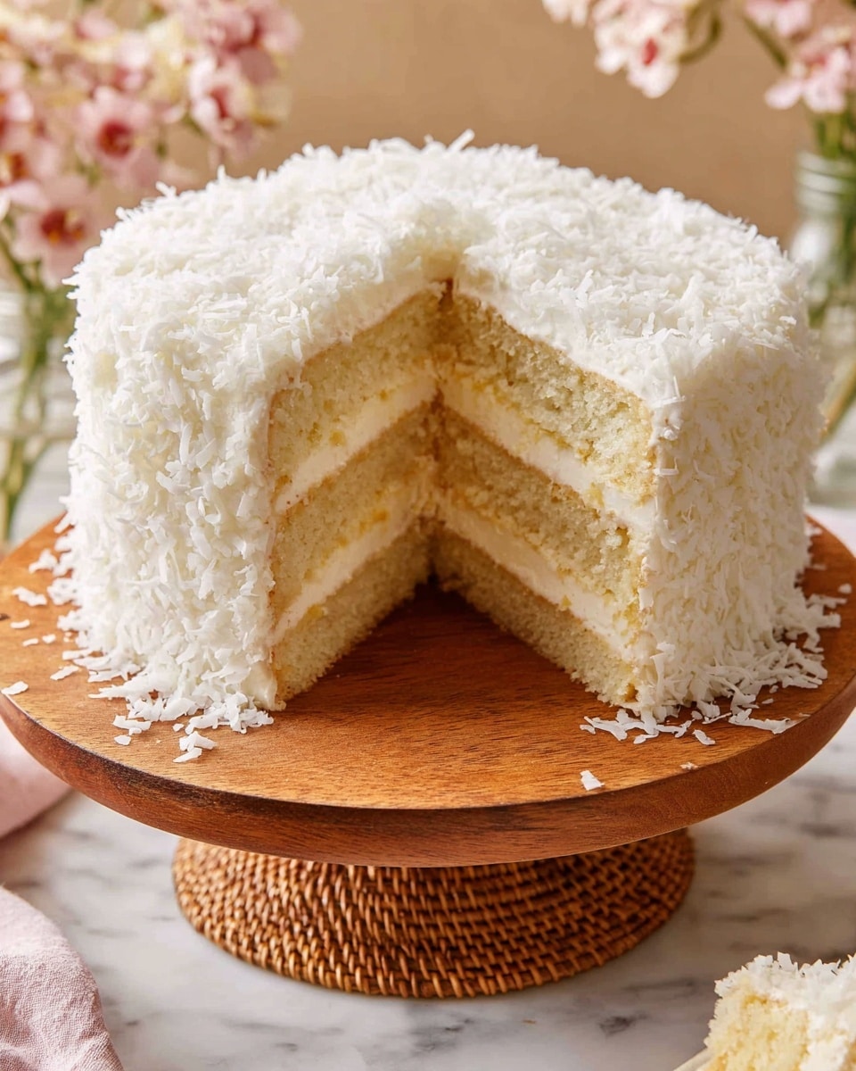 A tall round cake with four visible layers of light beige sponge, separated by thin layers of creamy white frosting. The outside of the cake is fully covered in thick white frosting and coated with a generous layer of shredded white coconut, giving it a fluffy and textured look. A single large slice has been removed, showing the even layers inside. The cake sits on a round wooden stand with a woven edge, placed on a white marbled surface. In the background, soft pink flowers in a glass jar add a delicate touch. photo taken with an iphone --ar 4:5 --v 7
