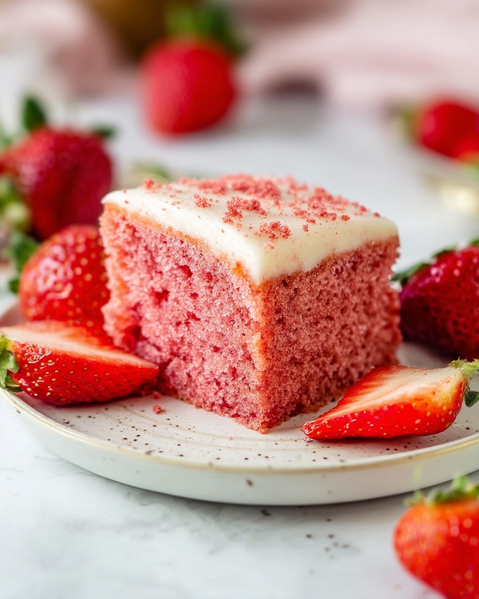 The image shows a single piece of pink strawberry cake with two layers: the bottom thick, soft, airy pink cake layer with a rough texture and the top thin, smooth, creamy white frosting layer sprinkled with fine red crumb bits. The cake sits slightly off-center on a white plate with small imperfections, all placed on a white marbled surface. Around the plate, there are fresh, whole, and sliced strawberries with red skin and green leaves, softly blurred in the white marbled background. photo taken with an iphone --ar 4:5 --v 7