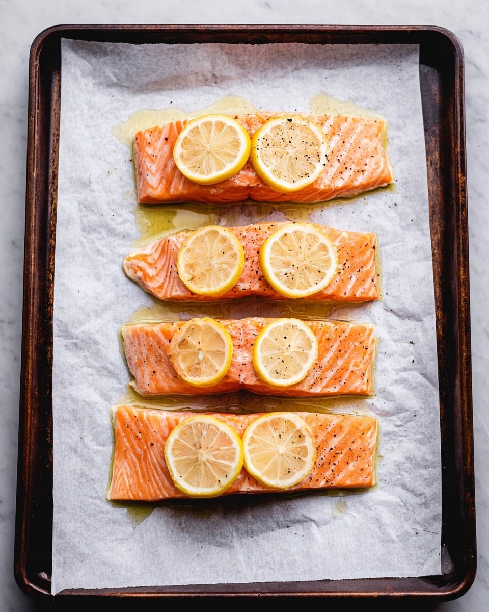Four raw salmon fillets are placed in a line on white parchment paper that covers a dark metal baking tray. Each fillet has two lemon slices on top, one near the top edge and one near the middle, with the bright yellow slices contrasting against the pink-orange fish. The salmon is lightly seasoned with black pepper and has a light drizzle of olive oil around and on the fillets, creating a slight shine. The white marbled surface underneath the tray is barely visible at the edges. Photo taken with an iphone --ar 4:5 --v 7