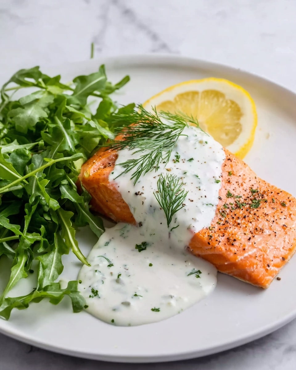 The image shows a white plate with a piece of cooked salmon placed slightly to the right center. The salmon is orange and has a light pepper sprinkle on top, with a smooth texture. It is partially covered by a creamy white sauce with small green herb flecks, flowing from the top right down over the salmon. A thin lemon slice with visible seeds lies on the sauce near the center of the salmon. Bright green dill sprigs rest on the sauce near the lemon. To the left of the salmon, there is a small pile of fresh dark green arugula leaves with a textured look. The background surface is a white marbled texture. photo taken with an iphone --ar 4:5 --v 7