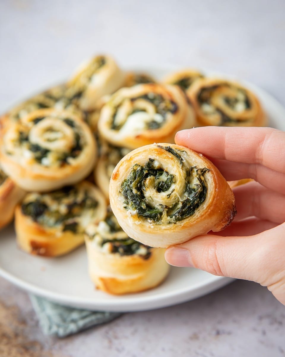 A close-up of a woman's hand holding a small round roll with three visible layers: the outer layer is a light golden-brown, flaky pastry; the middle layer is pale and soft; the inner layer is filled with dark green cooked spinach mixed with bits of light cream or cheese. In the background, there is a white plate filled with many similar spiral rolls, showing the same layered colors and textures, all resting on a white marbled surface. photo taken with an iphone --ar 4:5 --v 7