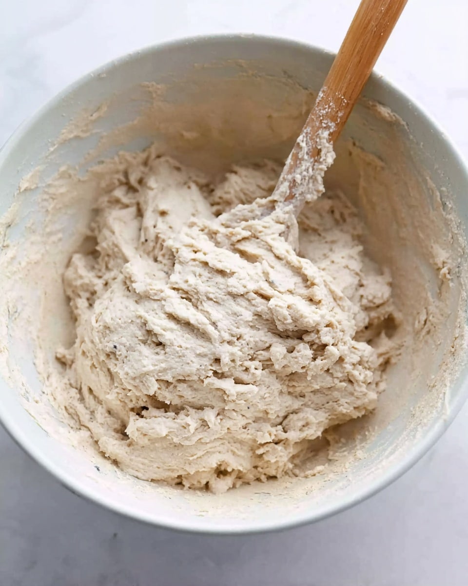 A close-up view of thick, slightly lumpy dough being mixed in a white bowl. The dough is off-white with a rough, uneven texture that looks sticky but firm. A wooden spoon with some dough stuck to it is placed vertically inside the bowl, mixing the dough. The background is a white marbled surface. Photo taken with an iphone --ar 4:5 --v 7
