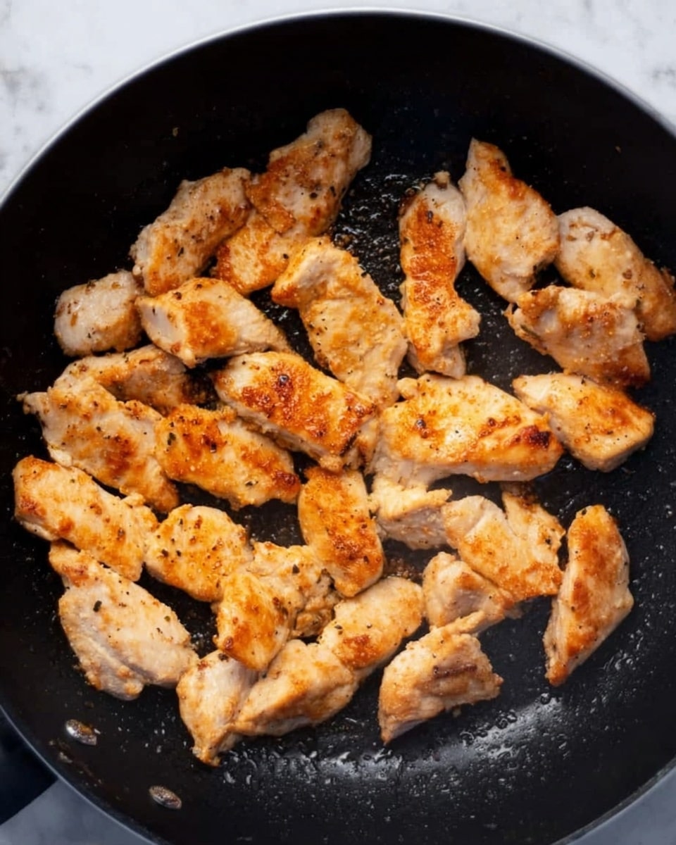 The image shows a black pan filled with several light brown cooked chicken pieces arranged randomly inside it. The chicken pieces have a slightly crispy texture with visible seasoning and small darker brown spots from cooking. The background surface is a white marbled texture. Photo taken with an iphone --ar 4:5 --v 7