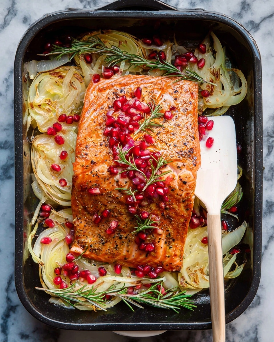 A large square piece of cooked orange salmon with shiny seasoning and small black pepper dots sits on top of a bed of pale yellow and light green sliced fennel in a black roasting pan. Bright red pomegranate seeds are scattered over the salmon, adding small pops of color. Sprigs of fresh green rosemary are placed both on the salmon and around it on the fennel. A pale cream-colored spatula is touching the right side of the salmon at the top corner. The pan is set on a white marbled surface. photo taken with an iphone --ar 4:5 --v 7