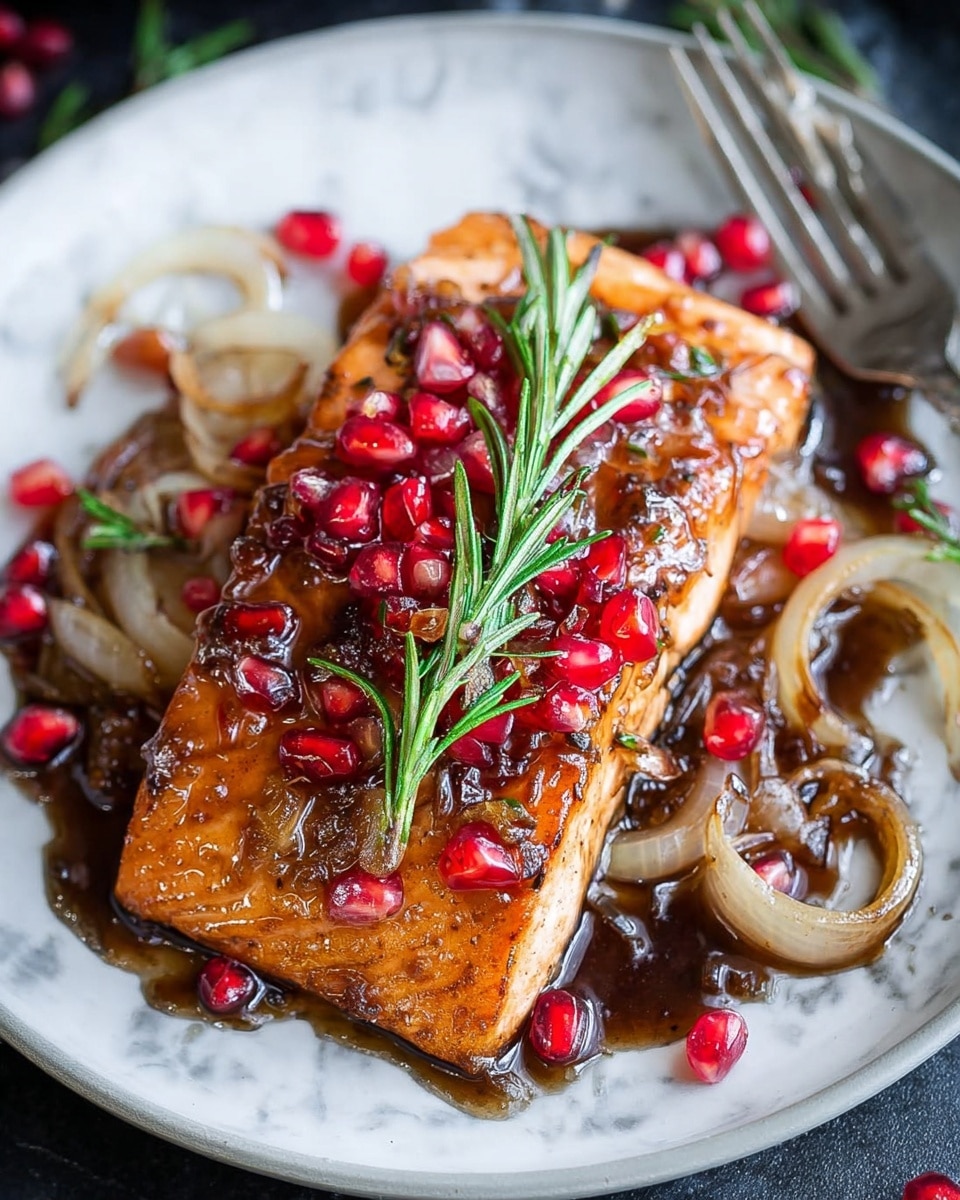 A rectangular piece of cooked salmon with a rich brown glaze sits at the center of a white plate, resting on a bed of thin, light beige cooked onion rings. The salmon is topped with bright red pomegranate seeds scattered across it and a small green rosemary sprig placed on top. Around the salmon are more pomegranate seeds and some caramelized brown bits, adding texture and color contrast. The plate is set on a white marbled surface, and a silver fork is partly visible in the upper right corner. Photo taken with an iphone --ar 4:5 --v 7