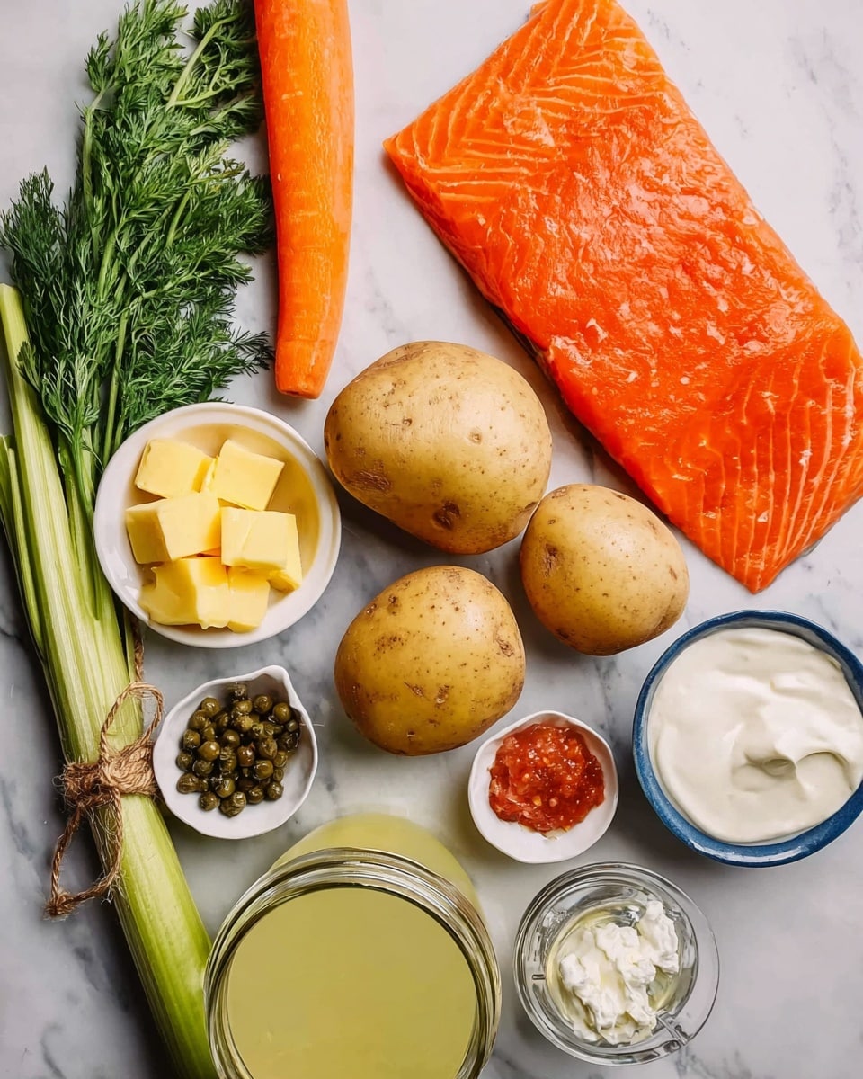 The image shows fresh cooking ingredients arranged on a white marbled surface. There is a large piece of bright orange salmon fillet at the top center with visible texture and fat lines. Below the salmon, two light brown potatoes with rough skin lie next to each other. To the left of the potatoes are a long orange carrot and a stalk of green celery, placed side by side. Fresh green herbs are tied together with twine on the far left. Around the main items are several small white dishes holding different ingredients: one with yellow butter cubes, one with a small heap of dark green capers, one with reddish paste, and one with white sour cream. A glass jar filled with light yellow liquid, likely broth, is partially visible on the lower left. Photo taken with an iphone --ar 4:5 --v 7