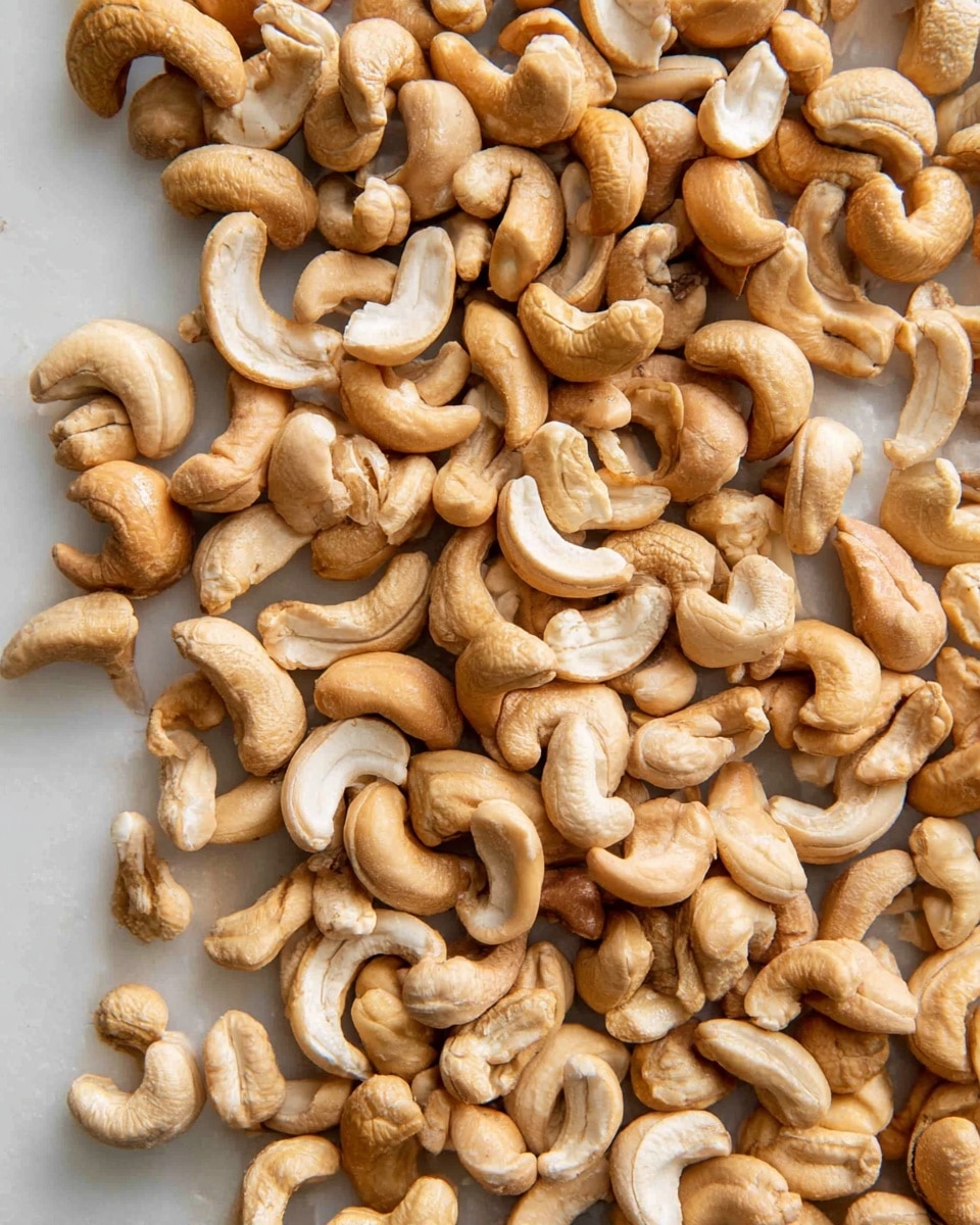 A close-up view of many dry roasted cashews spread evenly across a white marbled surface, showing their light brown and creamy white tones. The cashews vary slightly in size and shape, some whole and some halves, with a smooth to slightly wrinkled texture. There are no other items or layers in the image, just the roasted cashews covering the background fully. Photo taken with an iphone --ar 4:5 --v 7