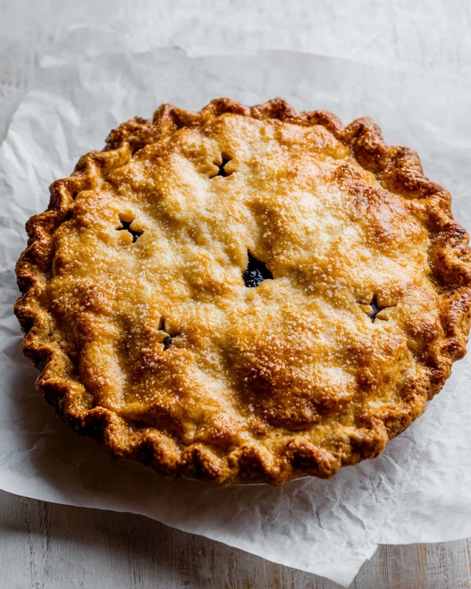 A golden brown pie with a thick, scalloped edge crust sits on white parchment paper over a white marbled surface. The top crust is decorated with small cut-out shapes scattered around, giving texture to the smooth baked surface. There are three small openings in the center, showing a dark, glossy filling underneath. The pie crust looks crisp with a slightly rough texture and sprinkled sugar for a crunchy finish. Photo taken with an iphone --ar 4:5 --v 7