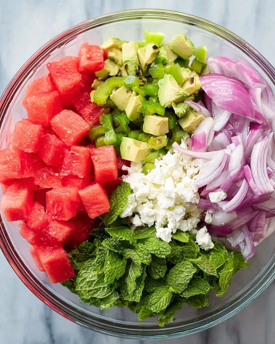 A clear glass bowl is filled with five separate layers of fresh ingredients arranged in sections. On the top left, there are bright red cubes of watermelon showing a juicy, smooth texture. Next to it on the top right, chunks of green avocado with a soft, creamy look are mixed with small pieces of green bell pepper. To the right of the avocado, there is a small pile of white crumbled cheese with a crumbly texture. On the bottom right, thin slices of purple-red onion with a smooth, shiny surface are fanned out. Lastly, on the bottom left, there is a bunch of bright green mint leaves with a soft, leafy texture. The bowl sits on a white marbled surface. photo taken with an iphone --ar 4:5 --v 7