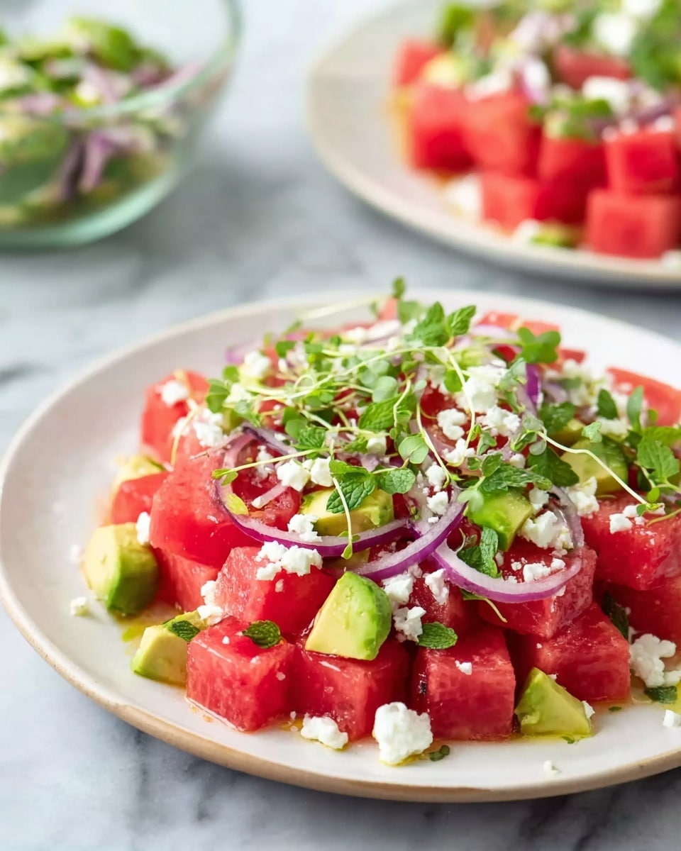 The dish is a close-up view of a white plate filled with a colorful watermelon salad. The salad has three main layers: the base layer made of bright red watermelon cubes, scattered with small pieces of green avocado, thin slices of purple-red onion, and crumbled white cheese on top. Fresh green herbs like mint and microgreens are spread evenly across the salad, adding texture and fresh color. Behind the plate, there is another white plate with the same salad slightly blurred, and a glass bowl with salad is barely visible on a white marbled surface. photo taken with an iphone --ar 4:5 --v 7