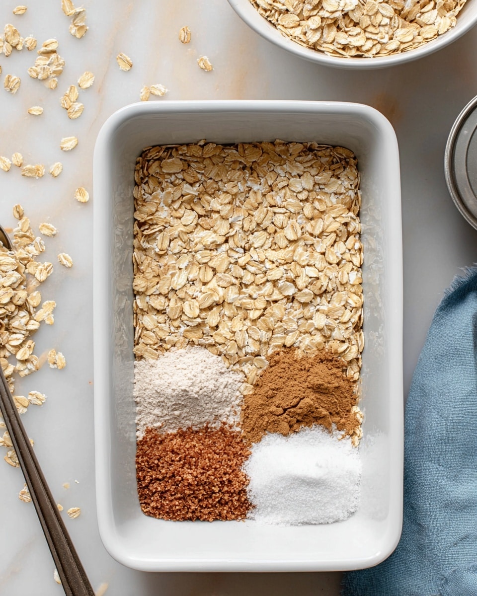 The image shows a close-up of a white rectangular baking pan filled with rolled oats as the top layer. In the bottom left corner of the pan, there are four smaller piles of dry ingredients layered side by side: finely ground flaxseed in a reddish-brown hue, white granulated sugar, white flour, and a mound of brown cinnamon powder. The baking pan is on a white marbled surface, with some loose oats scattered nearby. To the top left side of the pan is a white bowl also filled with rolled oats, and to the right edge, part of a silver container is visible. Photo taken with an iphone --ar 4:5 --v 7