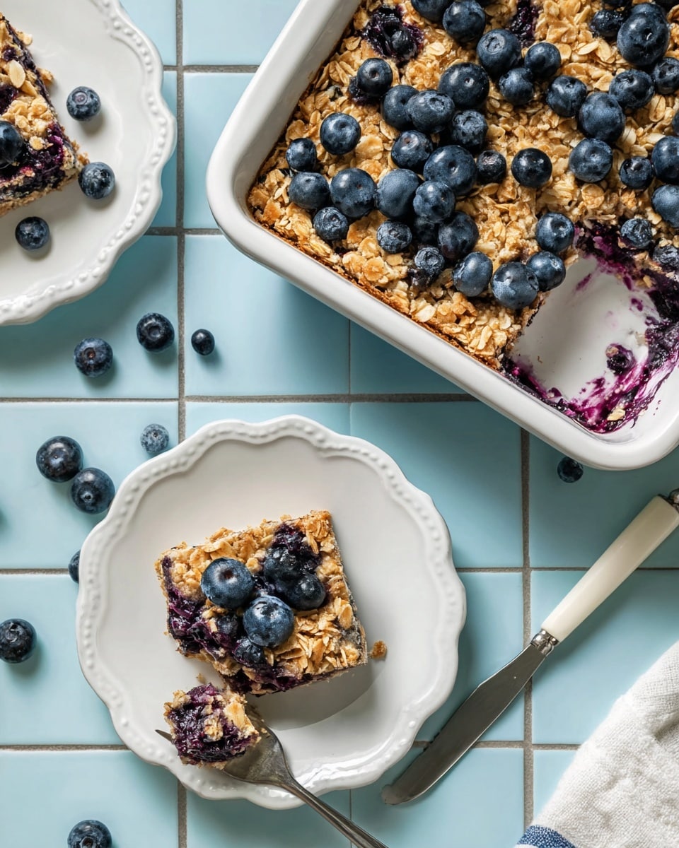This image shows a blueberry oat bar dessert with a thick oatmeal layer mixed with whole blueberries baked inside a white rectangular baking dish. On the right, a square piece of the blueberry oat bar is placed on a white scalloped plate, showing a close up view of the oat and blueberry filling with some juicy blueberries on top. There are more scattered fresh blueberries on the light blue tiled surface around the dish and plates, and a fork with a white handle lies next to the plate. The bottom plate shows another piece partially eaten with visible layers of oats and blueberries. The background has a small part of a white cloth visible near the bottom right corner. photo taken with an iphone --ar 4:5 --v 7