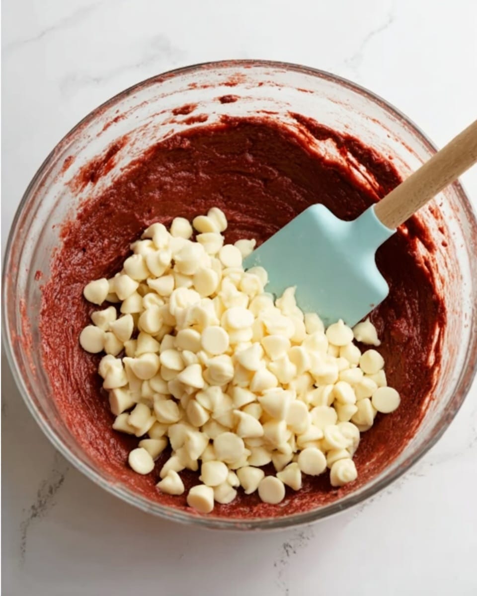 A clear glass bowl sits on a white marbled surface, filled with a thick, dark red batter that is smooth in texture. On top of the batter is a large pile of small, white chocolate chips, spread over the center. A pale blue spatula with a wooden handle is resting inside the bowl, slightly pressed into the batter and chips. The spatula is angled with the tip touching the side of the bowl. A woman's hand holds the handle of the spatula, visible at the top left edge of the image. Photo taken with an iphone --ar 4:5 --v 7