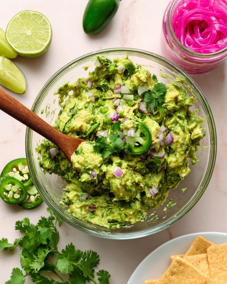 A clear glass bowl filled with a chunky green guacamole mix that contains pieces of avocado, green jalapeño, and small bits of purple onion spread throughout. A wooden spoon is resting in the bowl partially covered with the guacamole. Around the bowl on a white marbled surface are fresh green cilantro leaves, slices of lime, and sliced green jalapeños. There is a small glass jar filled with bright pink pickled onions to the right, and part of a white plate holding a few tan crackers is visible on the side. Photo taken with an iphone --ar 4:5 --v 7