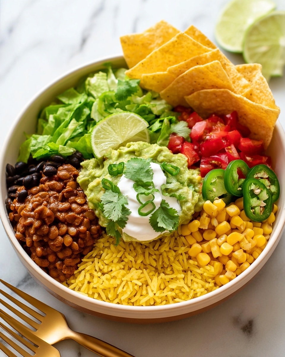 The image shows a bowl with seven distinct layers arranged in a circular pattern. Starting from the bottom left, there is a brown lentil mix with a saucy texture, next to it a pile of bright yellow rice fills the bottom center of the bowl. Above the rice is a creamy green guacamole topped with small pieces of green onion and sliced jalapeño peppers to the right. Next to the jalapeños is a fresh green lettuce layer, followed by golden corn kernels in the upper right section. Above the corn are small chopped red peppers, and to the left of these is a black bean layer. In the very center of the bowl, there is a dollop of white sour cream garnished with green cilantro leaves and chopped green onion. A wedge of lime rests on the black beans, and to the far right edge of the bowl, several large yellow tortilla chips are standing upright. The bowl is white and placed on a white marbled surface with two gold forks nearby. Photo taken with an iphone --ar 4:5 --v 7