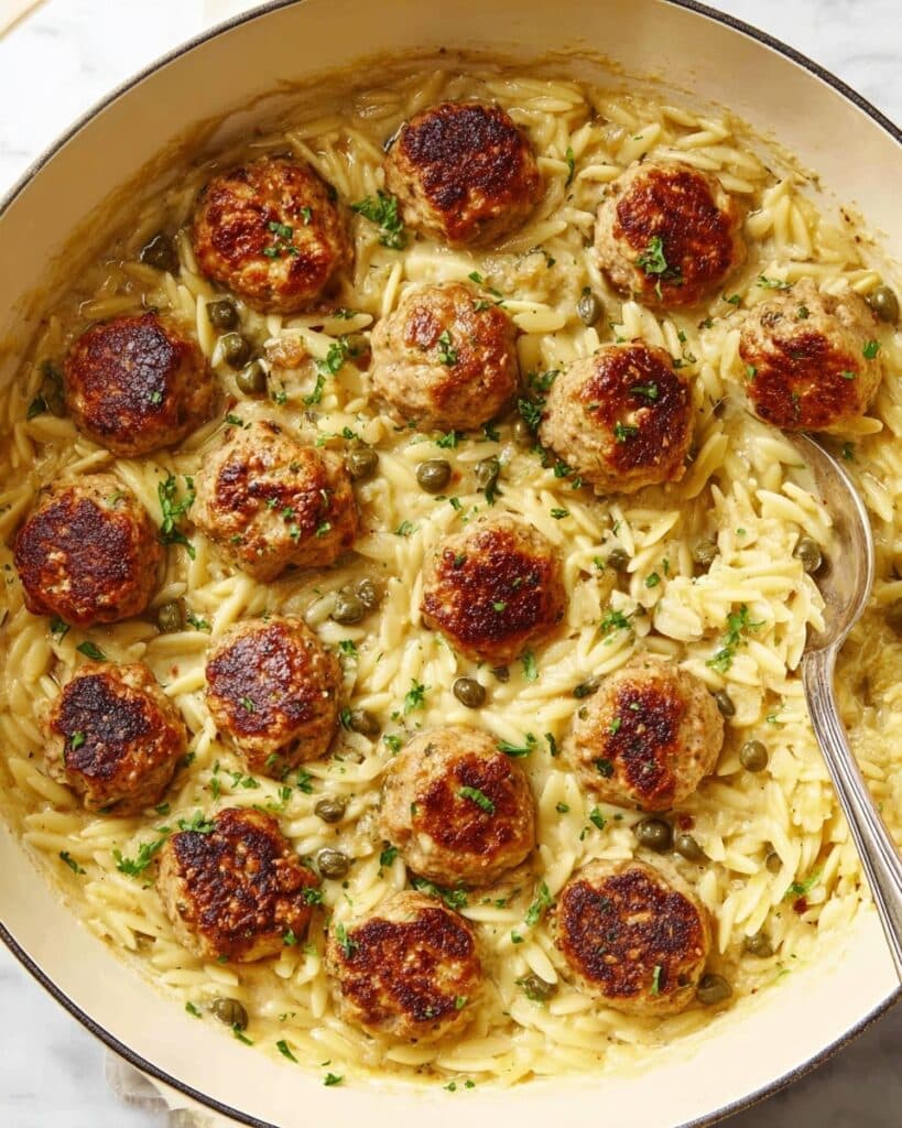 Chicken Piccata Meatballs and Orzo Skillet Recipe