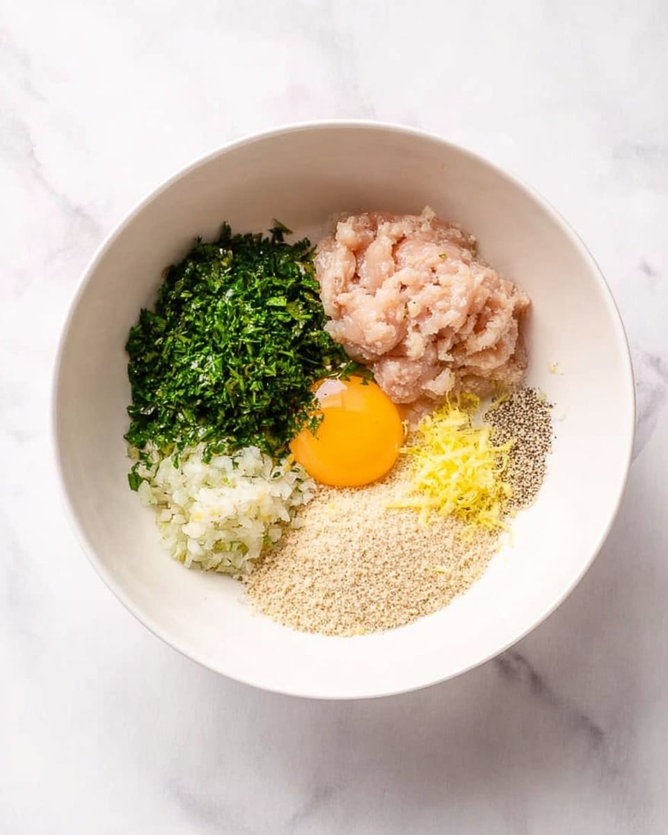 A white bowl on a white marbled surface holds several distinct ingredients arranged in separate sections without mixing. At the top right, there is pale pink ground chicken and a raw egg yolk with a smooth, shiny surface. To the left of the chicken, there is a bright green chopped herb, likely parsley or cilantro. Below the herb, there is a mound of finely minced white onion next to a bright yellow lemon zest. At the bottom right section, there is a layer of light beige breadcrumbs, and below the herb and onion, a small sprinkle of black pepper is visible. The bowl is photographed from above, showing the clear details and colors of each ingredient. Photo taken with an iphone --ar 4:5 --v 7