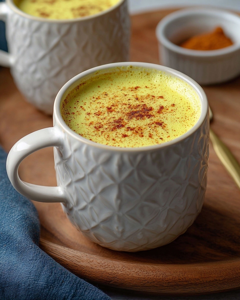 A white textured ceramic mug filled with a foamy yellow drink topped with a sprinkling of reddish-brown spice, the drink has a smooth and slightly bubbly surface, sitting on a wood surface with a hint of a blue cloth nearby; in the background, there is a second white mug with the same design and drink, and a small white dish with some of the reddish-brown spice visible. Photo taken with an iphone --ar 4:5 --v 7