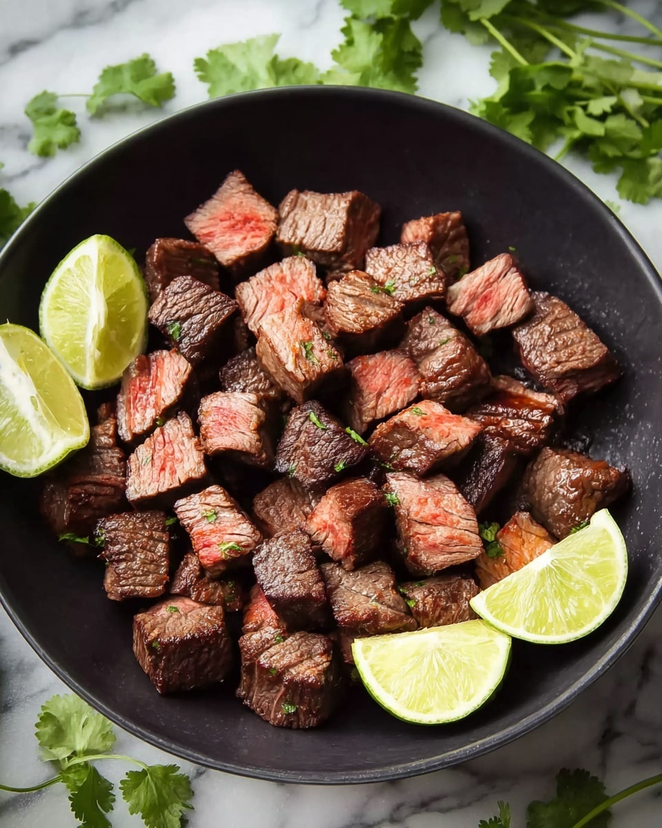 A black bowl filled with many small cubes of cooked steak, showing a mix of dark brown outer edges and pinkish-red centers, placed on a white marbled surface. Around the bowl, there are several lime wedges and some green cilantro leaves. The lighting highlights the juicy texture of the steak cubes and the fresh look of the garnishes. Photo taken with an iphone --ar 4:5 --v 7