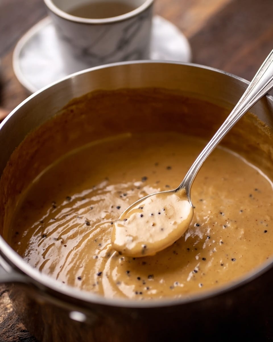 A close-up view of a deep silver pot filled with a thick, creamy brown sauce with visible small dark specks throughout. A silver spoon scoops some of the sauce, showing its smooth, rich texture with soft bubbles. The pot rests on a dark wooden surface, with a blurred cup in the background on a white marbled texture. photo taken with an iphone --ar 4:5 --v 7