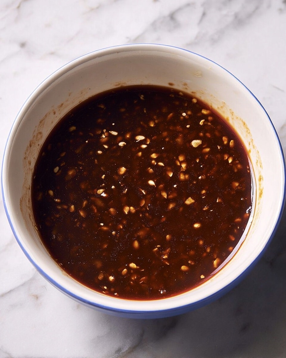 A single white bowl filled with a dark brown sauce that has small bits of light-colored pieces spread evenly throughout, giving it a textured look. The sauce is smooth and thick, filling most of the bowl, which sits on a white marbled surface. The bowl's inside shows some sauce marks near the upper edges. photo taken with an iphone --ar 4:5 --v 7