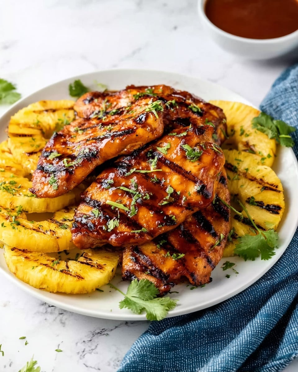 The image shows a white plate with three grilled chicken pieces on top. The chicken has a shiny brown glaze with dark grill marks and is sprinkled with small green cilantro leaves. Underneath, there are several slices of yellow grilled pineapple with some darker char lines. Some cilantro leaves are scattered on the plate edges. The plate is on a white marbled surface with a blue cloth nearby and a bowl of red sauce visible to the side. photo taken with an iphone --ar 4:5 --v 7