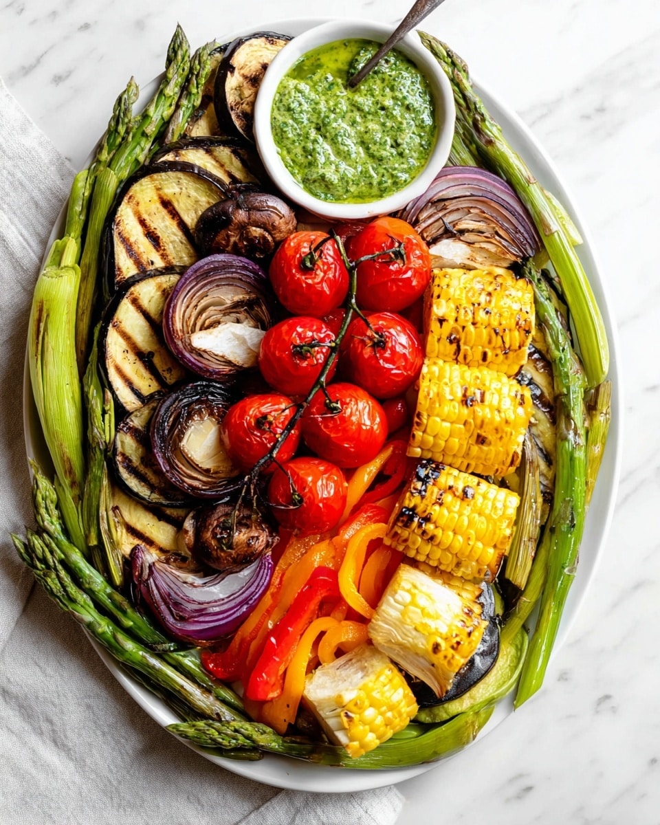 A white plate sits on a white marbled surface, filled with layers of grilled vegetables in a circular arrangement. The outer layer is made of long, bright green asparagus and scallions forming a ring. Inside this, there are golden grilled corn pieces and small red and orange bell peppers with char marks. Next, slices of grilled eggplant with dark grill lines and whole brown mushrooms are layered. Above these are thick rings of grilled red onions with browned edges. At the center, bright red whole tomatoes on the vine add a pop of color, nestled among the other vegetables. To the side, a small white bowl holds a thick, green herb sauce with a spoon. photo taken with an iphone --ar 4:5 --v 7